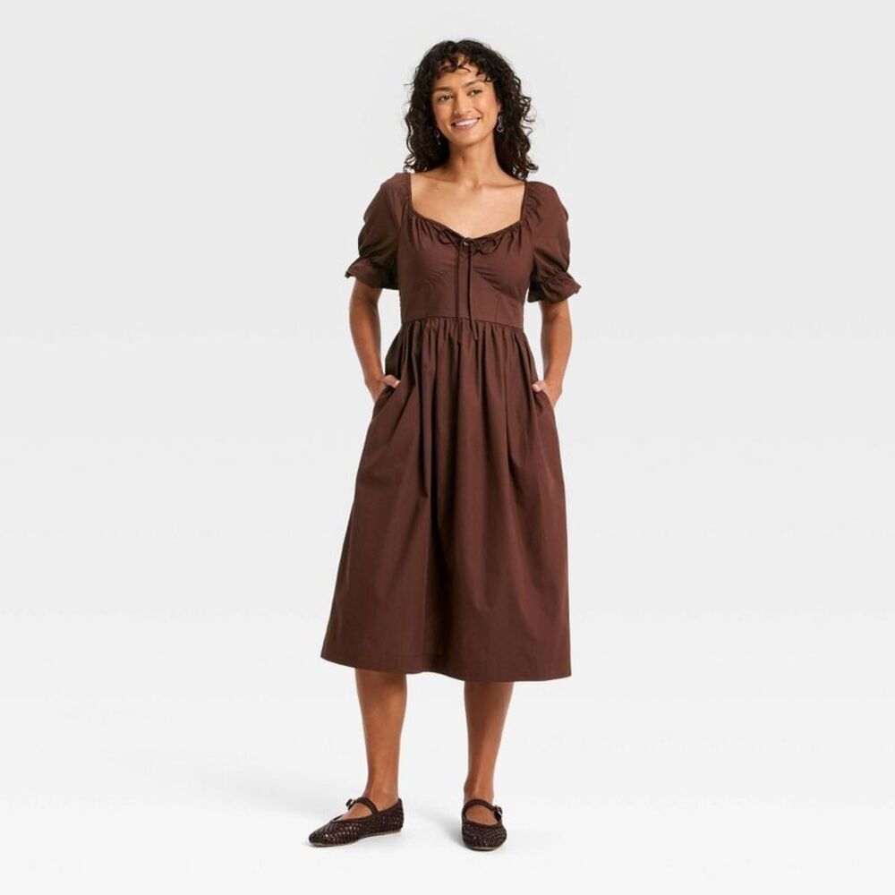Women's Puff Elbow Sleeve Midi A-Line Dress - Universal Thread Brown S